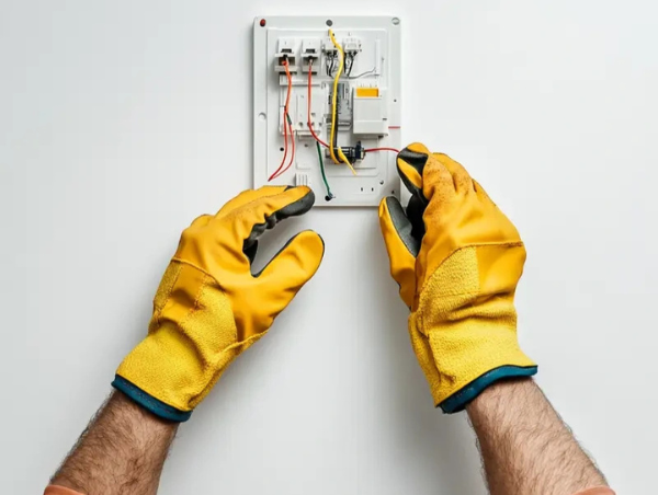 An electrician wearing yellow gloves is working on a circuit breaker panel, handling wires and making adjustments.