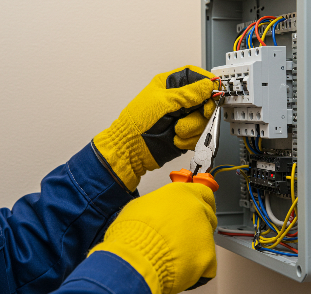An electrician wearing yellow gloves is working on a circuit breaker panel, using pliers to manipulate wires inside the panel.