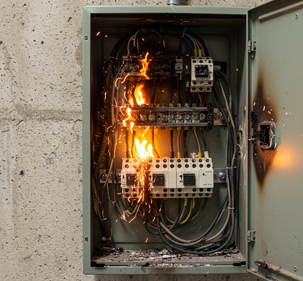 An electrical panel with sparks and flames coming from damaged wires, showing signs of an electrical fire