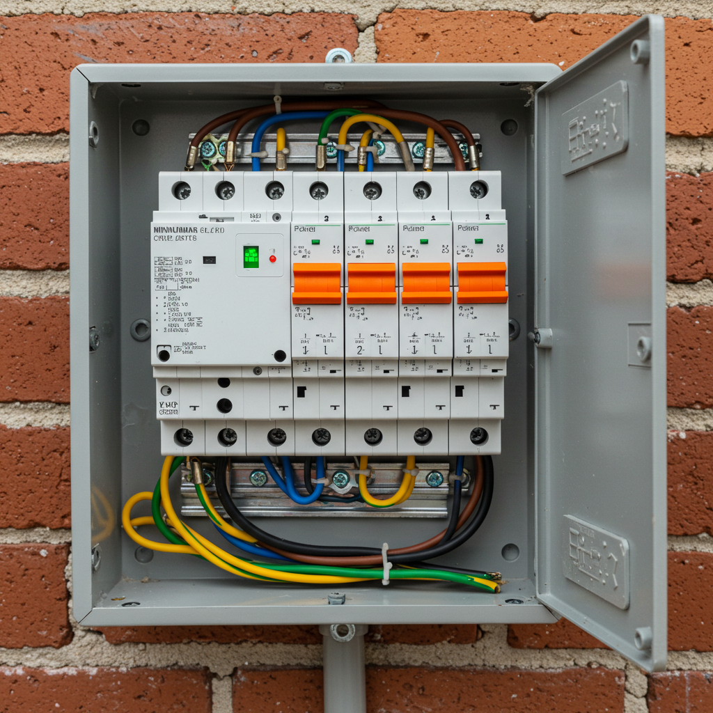 An electrical circuit breaker panel with multiple switches and colored wires neatly organized, mounted on a brick wall
